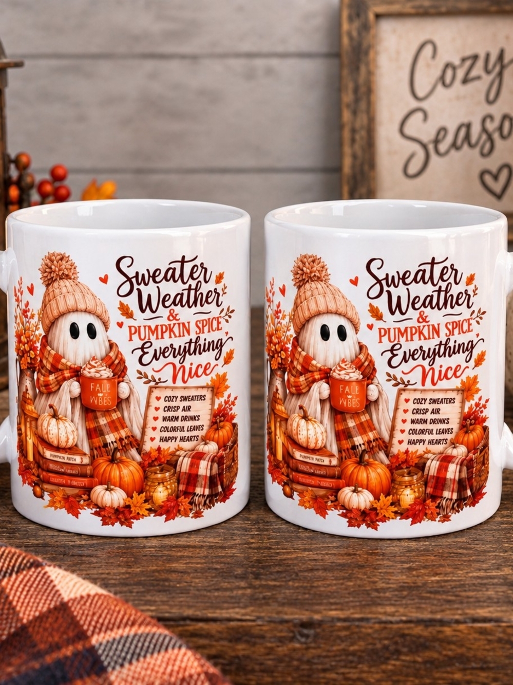 Sweater Weather Pumpkin Spice White Ceramic Coffee Mug Fall Ghost Design 2 Pack